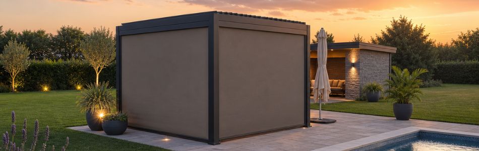 Rooftop pool shaded by an aluminum pergola