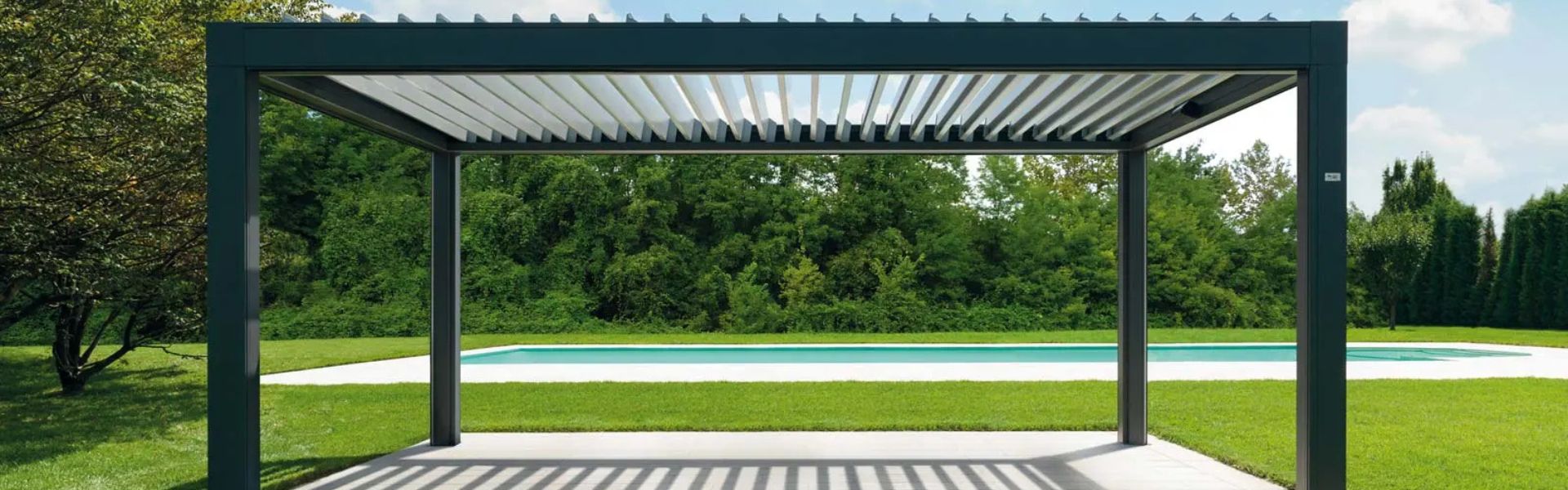 Retractable awning shading a modern villa terrace