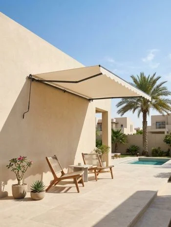 Retractable awning installed on a modern Dubai facade