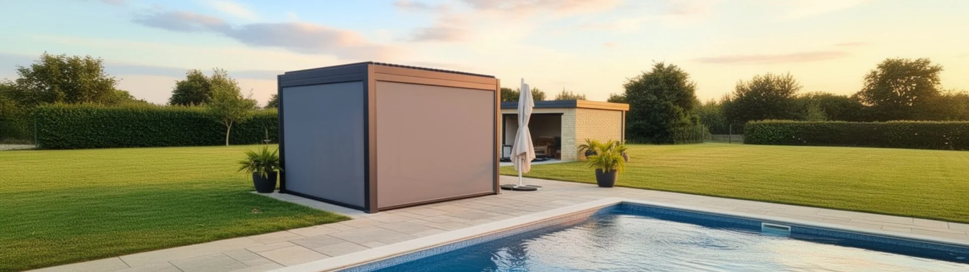 Zip screen blinds lowered on a pergola terrace in Dubai